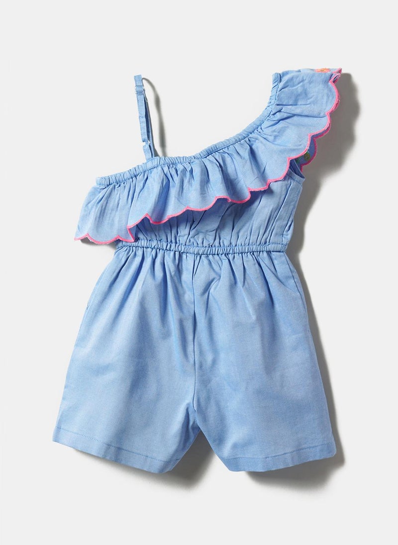 Nautinati Girls' 100% Cotton Floral Embroidered Waist Tie-up One-shoulder Jumpsuit - Image 3